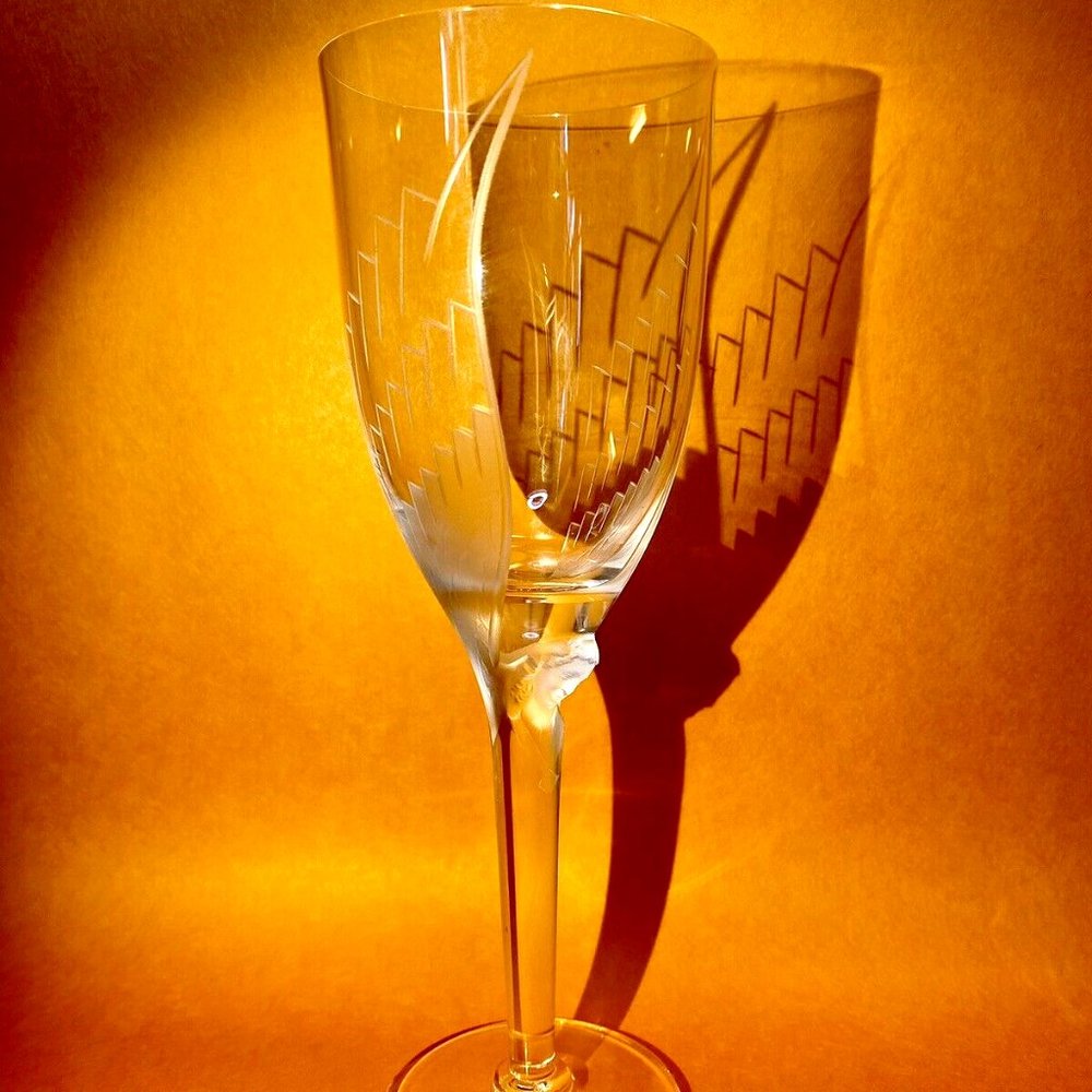 LALIQUE Smiling Angel Signed Blown Crystal Champagne Stem Flute Reims Cathedral